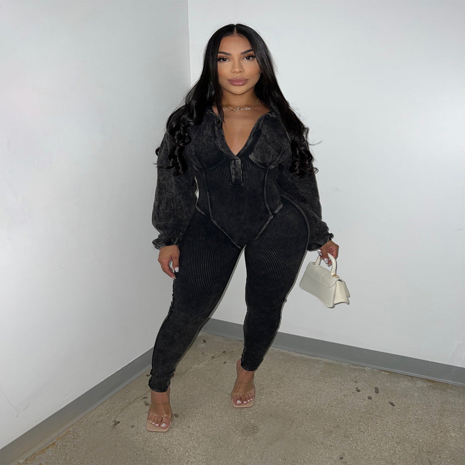 Fashion Women's Wear Washed Old Deep V Neck Tight Long Sleeve Jumpsuit