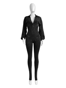 Fashion Women's Wear Washed Old Deep V Neck Tight Long Sleeve Jumpsuit
